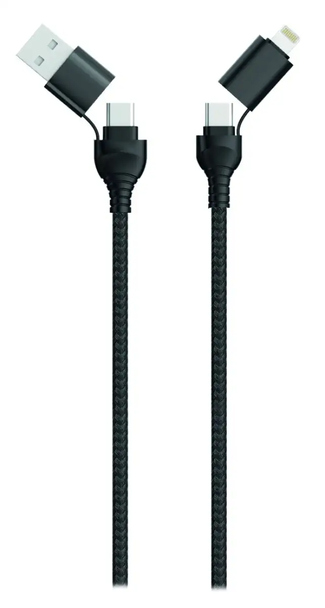 CâBLE 2GO MULTI 4EN1 USB/USB-C 120CM NOIR AVEC CONNECTEURS USB-C ET LIGHTNING