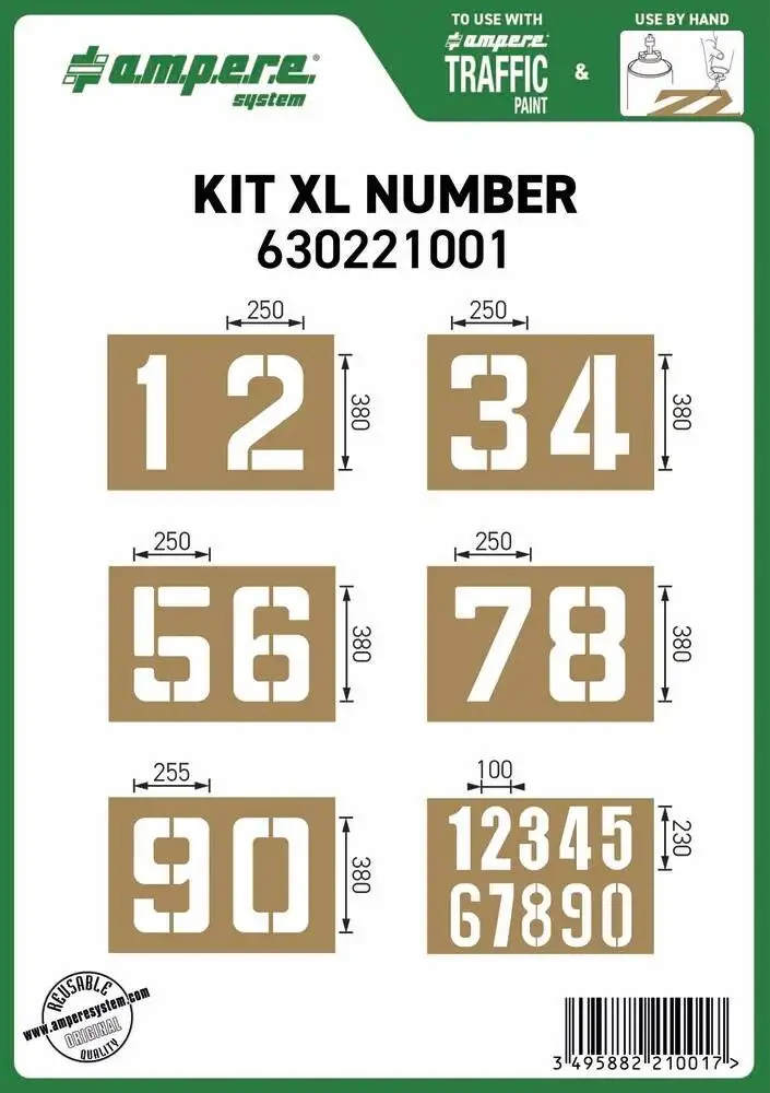 AMPERE - Pochoir réutilisable pour marquage au sol - kit chiffres 6 planches 740x610mm - 11705