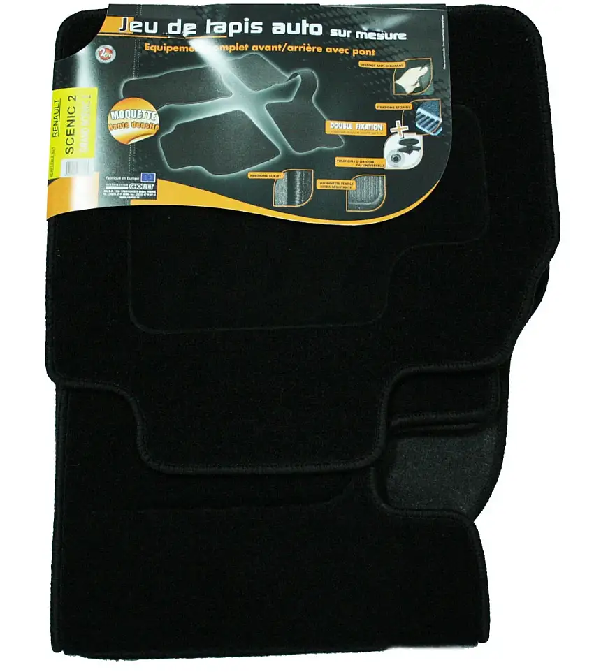 ARCOLL - 3 Tapis de sol semi-mesure pour Renault Scénic 2, noirs pour fixations d'origine (attaches non fournies)