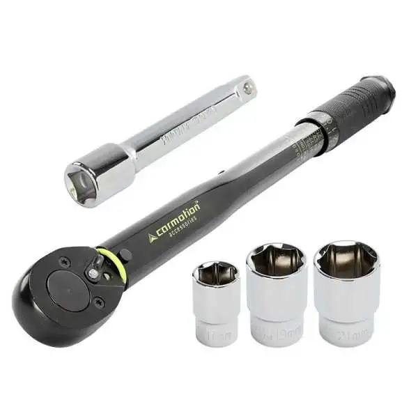 Clé dynamométrique 28-210 Nm, 1/2" et douilles 17, 19 et 21 mm avec rallonge 125 mm, certificat d'étalonnage