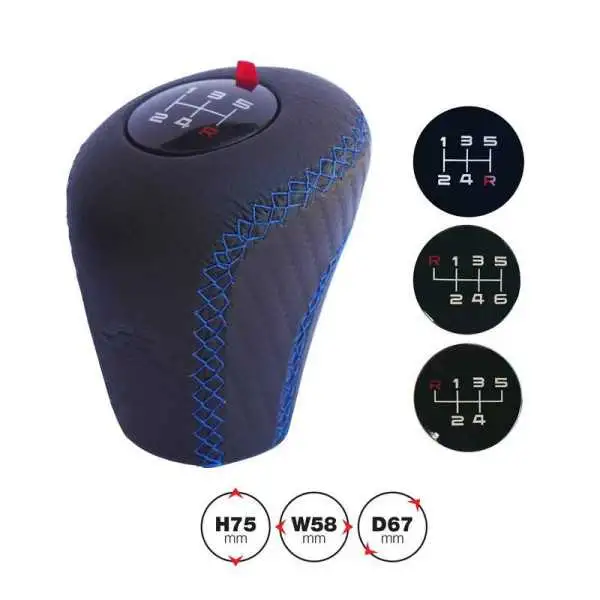 Pommeau de levier de vitesse Simoni Racing Slick  Cuir noir  coutures bleues  3 modèles de changement de vitesse