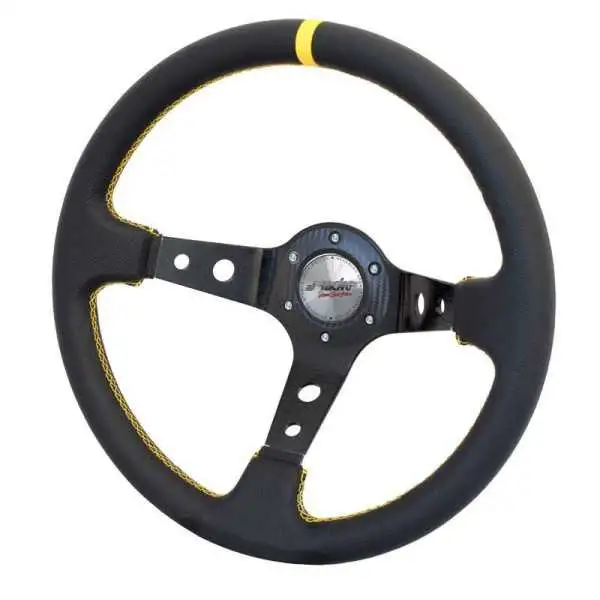 Volant Sport Simoni Racing Spec 350mm  Cuir Noir  Coutures Jaunes Plat profond  95mm